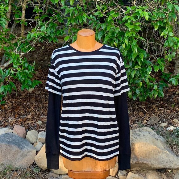 R13 Black & Ecru Stripe Double Thermal Tee - Picture 7 of 11